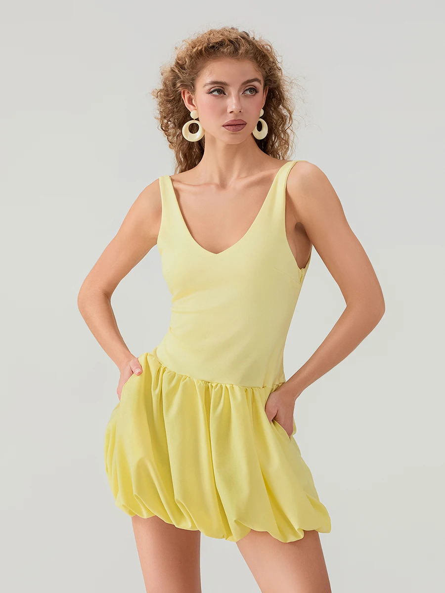 

Women Summer Mini Tank Dress Babydoll Sleeveless Open Back Solid V Neck Puffball Dresses for Party Streetwear Y2K Aesthetic 00s