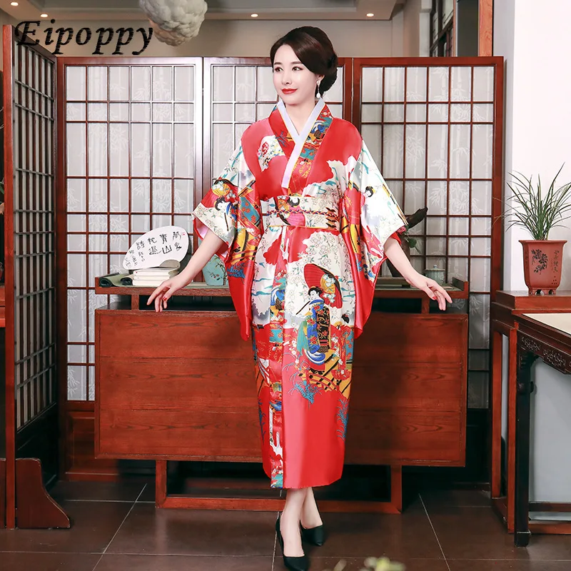 Imitated Silk Pajamas Japanese Kimono Women's Summer Half Sleeve Bridal Gown Homewear Night-Robe Bathrobe