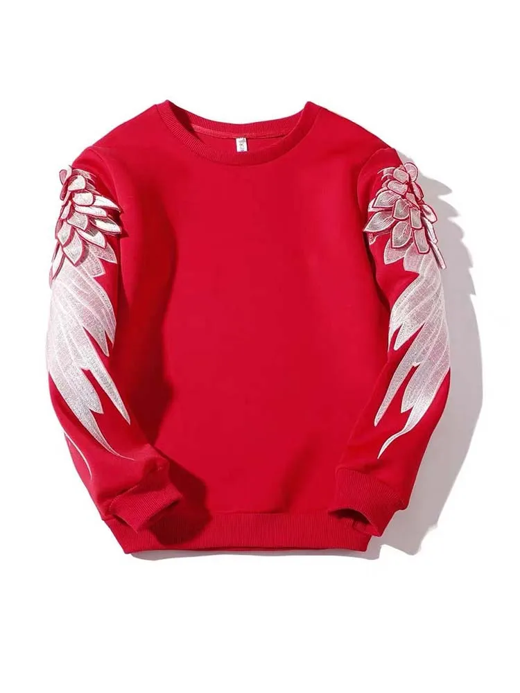 2023 New Fashion Brand Sweatshirt Men\'s Embroidered Arm Wings Trend Handsome Loose Round Neck Long Sleeve Top Pullover Men