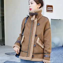 Abrigo de piel sintética de lana de cordero para mujer, abrigo de motocicleta empalmado, chaqueta informal gruesa cepillada, prendas de vestir simples sueltas, nuevo, invierno, 2023