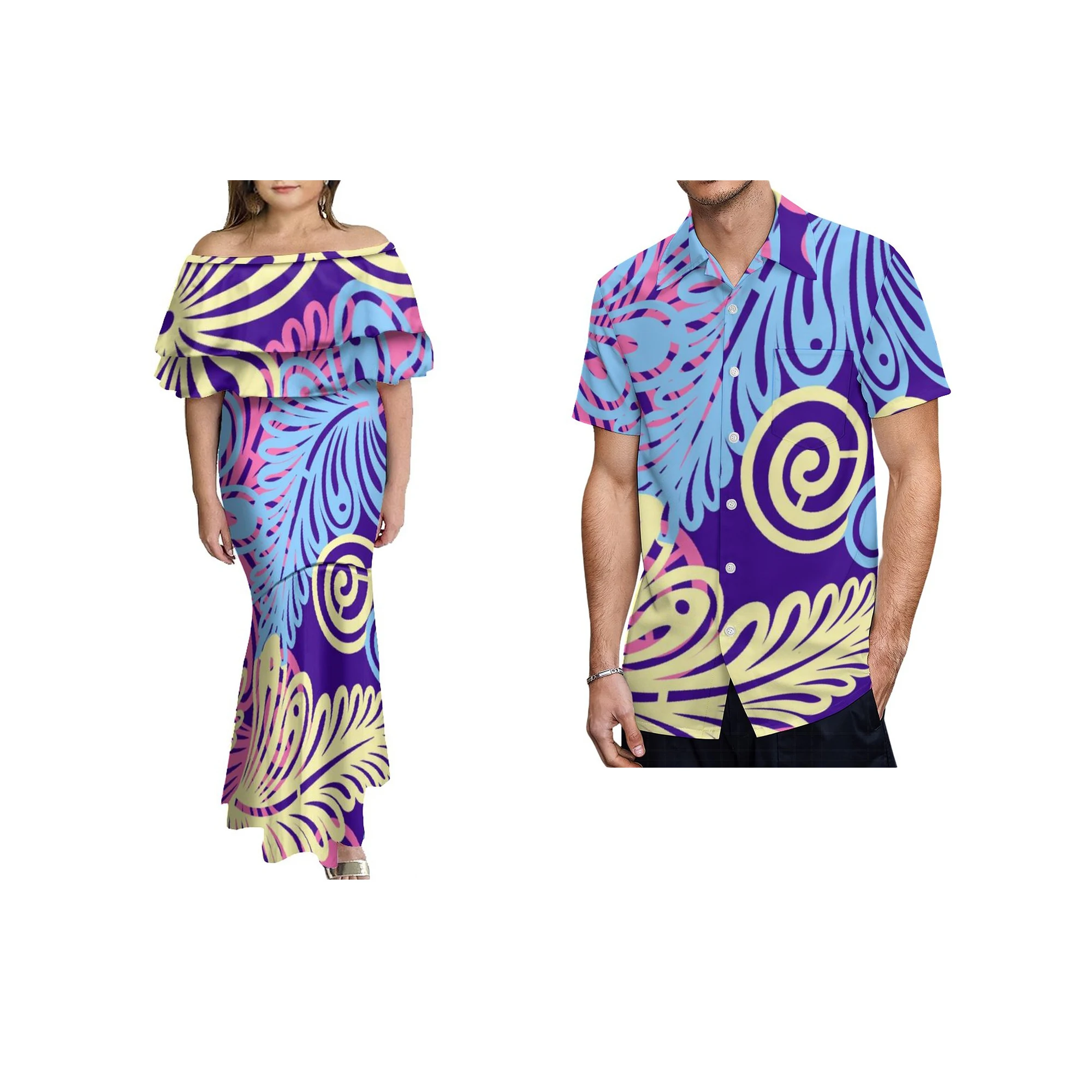 Wholesale Custom Design Polynesian Traditional Dresses Fishtail Mermaid Dresse  Collocation Plumeria Men Shirt Sets Of Couple