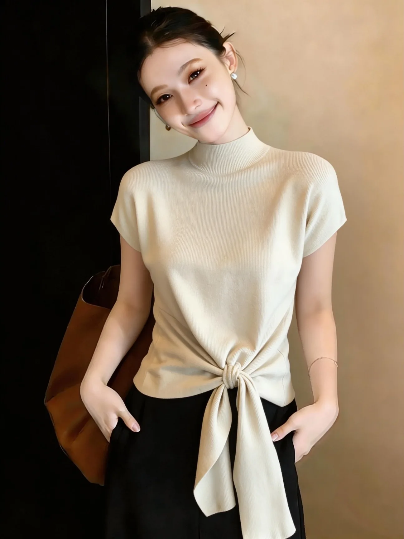 

Slimming Slim Fit Short Sleeve Knitted Top Half High Collar Bow Tie Summer New Style Elegant Thin Ladies plus Size Inner Wear