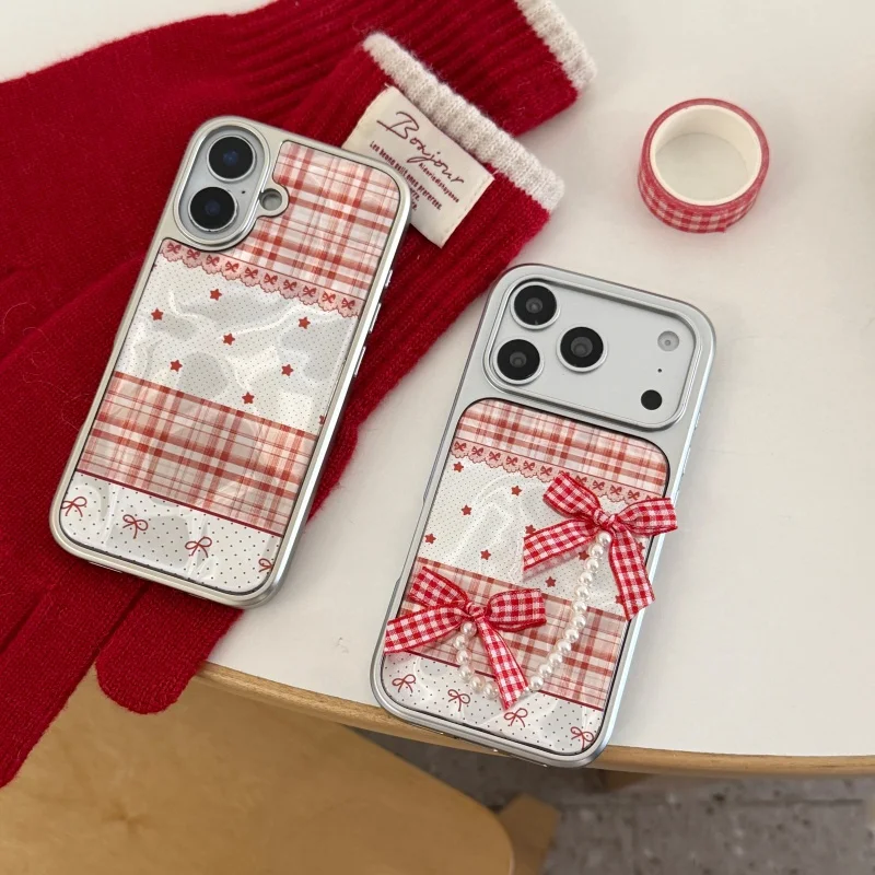 

Korean Cute Pearl Bowknot Pendant Phone Case For iPhone 17 Pro 16 15 14 Pro Max Cover Plating Plaid Pattern Cases For iPhone 16P
