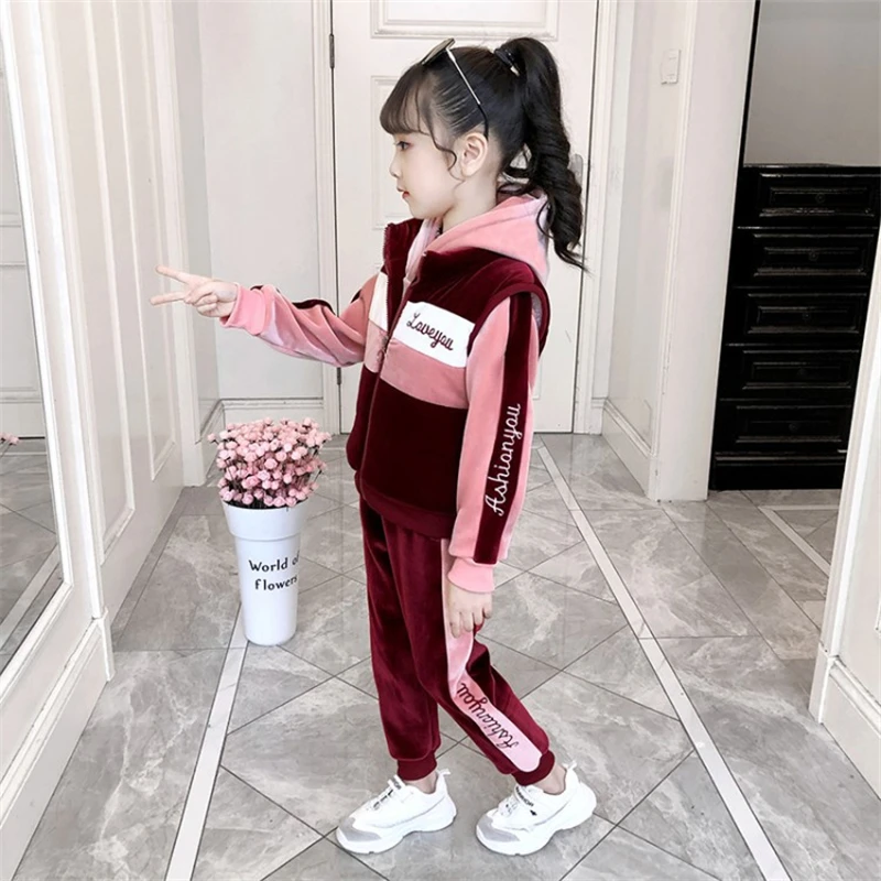 Girls Suit Vest+Sweatshirts +Pants Cotton 3Pcs/Sets 2023 Classic Velvet Warm Winter Autumn Thicken Teenager Outdoor Children Clo