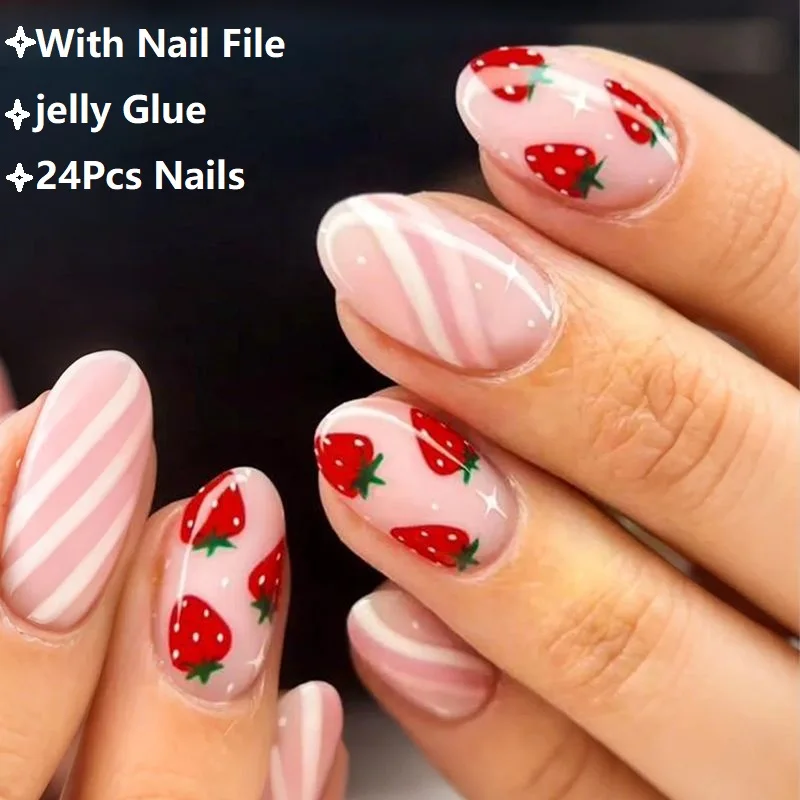 

Cute Sweet Strawberry Fake Nail Patch Wearable Full Cover for Girl Press on Nail Tips Short Glossy Oval Fake Nails 24Pcs