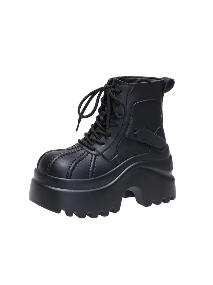 9CM Nowe Damskie Botki na Wysokiej Platformie Zimowe Ocieplane Futrem Grube Buty Śniegowce Sznurowane Sneakersy Damskie Skórzane Botki Motocyklowe Mujer — zdjęcie 2