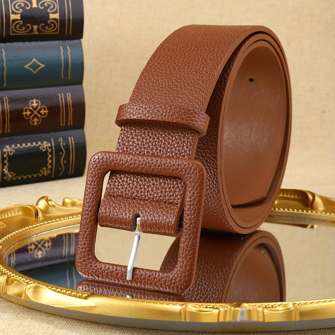 1 piece of women's belt, wide lychee patterned coffee color, simple and versatile, paired with a coat, jeans, suitable for daily
