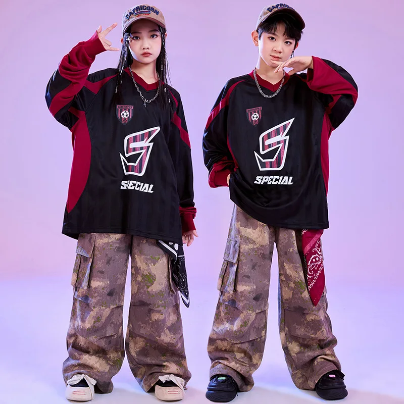 Kid Cool Hip Hop Clothing Black Red Sweatshirt Camouflage Casual Wide Cargo Pants for Girl Boy Jazz Dance Wear Costumes Clothes