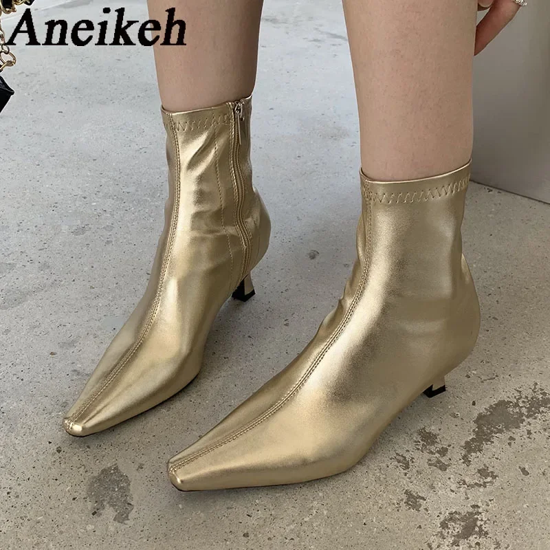 Aneikeh Comfortable Soft Leather Pointed Toe Women Ankle Boots Thin Low Heels Spring Shoes Short Ladies Booties Zapatos De Mujer