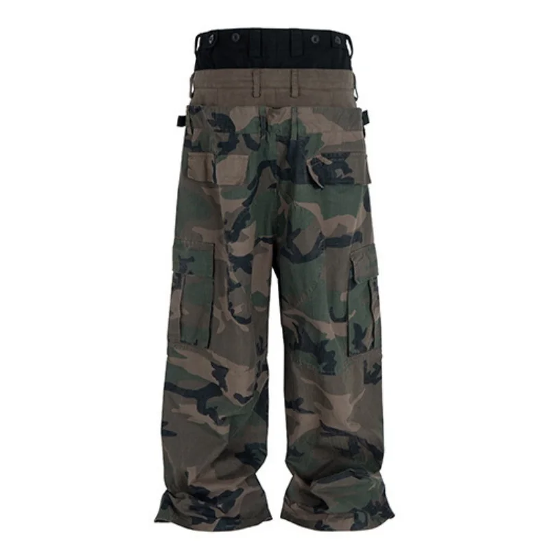 High Quality Luxury Men's Three-Waist Splice Camouflage Cargo Work Pants Men Buckle Design Casual Straight-Leg Long Pants
