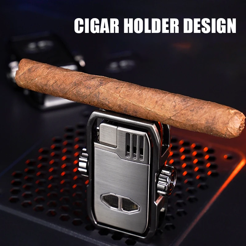 Fingertip Gyro Decompression Cigar Lighter Windproof Blue Flame Visible Gas Window Bottom Cigar Cutter Design Cigar Rest