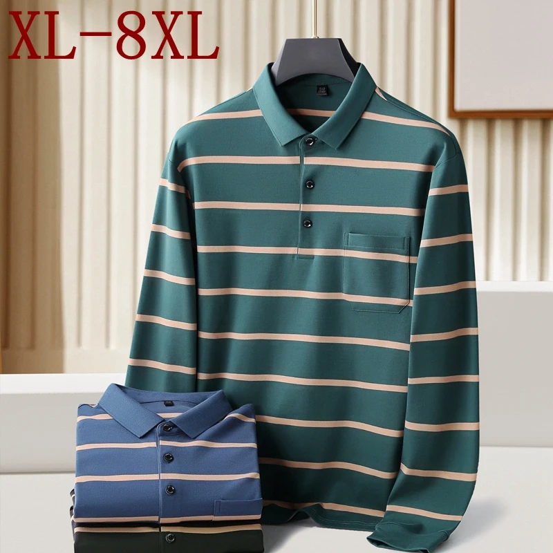 

8XL 7XL 6XL 2024 New Autumn High End Luxury Striped Polo Shirt Men Business Mens Shirts With Pocket Casual Loose T-Shirts Man