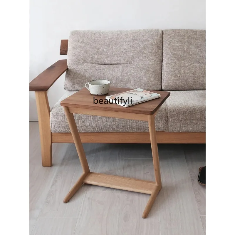 

Nordic solid wood sofa edge table, modern simple corner table, movable Z-shaped black walnut small coffee table