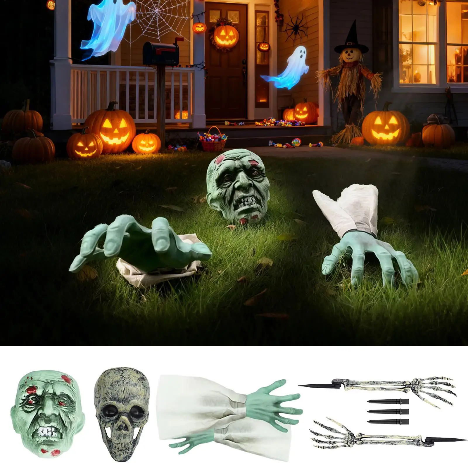 3 Pieces Halloween Skeleton Arms Coming out of Ground Realistic Skull Decor for Pathway Lawn Garden Front Door Yard Fence