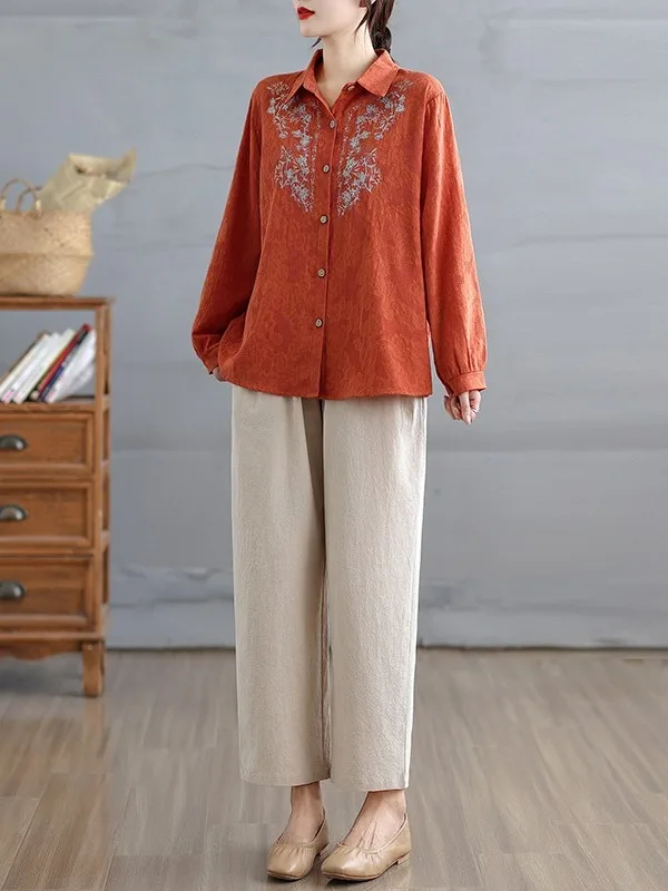 자수 장식이 있는 엘리 코튼 린넨 투피스 세트와 플러스 사이즈 여성용 신축성 있는 허리 캐주얼 하란 팬츠