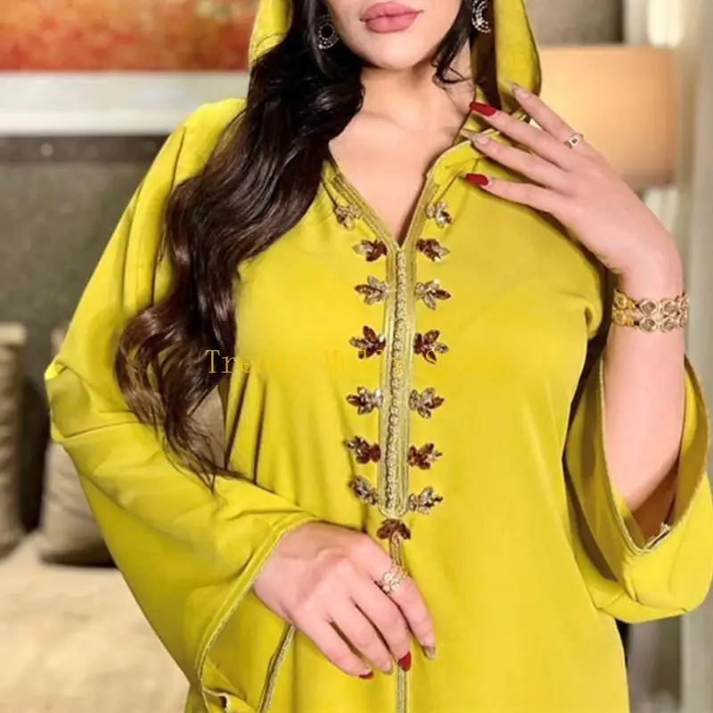 

N5KB Абая Дубай Турция мусульманское женское длинное платье с капюшоном и вышивкой с v-образным вырезом для исламской одежды со