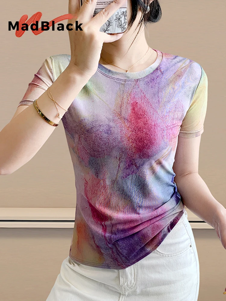 

MadBlack-женская европейская футболка, сексуальная футболка с круглым вырезом и принтом Halo, модная футболка из тонкой сетки с короткими рукавами S-3XL, осенняя новинка 2023 года T58975CC