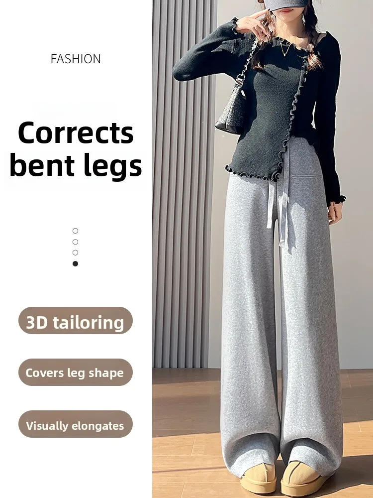 لينة محبوك عالية الخصر ثنيات بنطال ذو قصة أرجل واسعة الخريف الشتاء القمح اللون بناطيل كاجوال Fem Ele طول الأرض تريكو