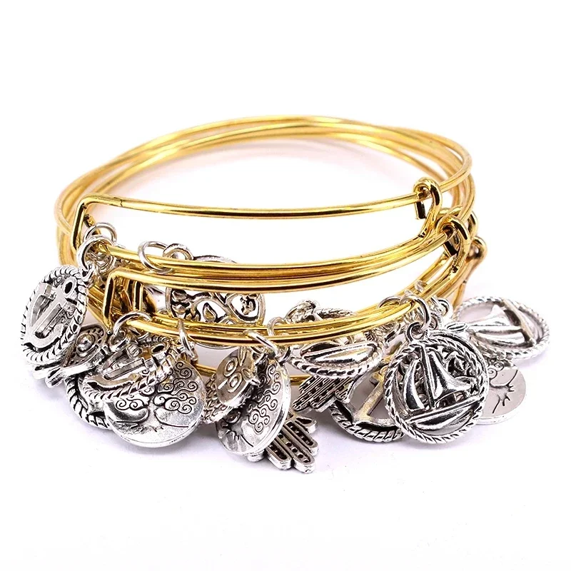 5pcs Bangle Set 4 Color Bracelets for Women Girls Jewelry Life Tree Hand Anchor Owl Charms Bangles Cuff Jewlery C048