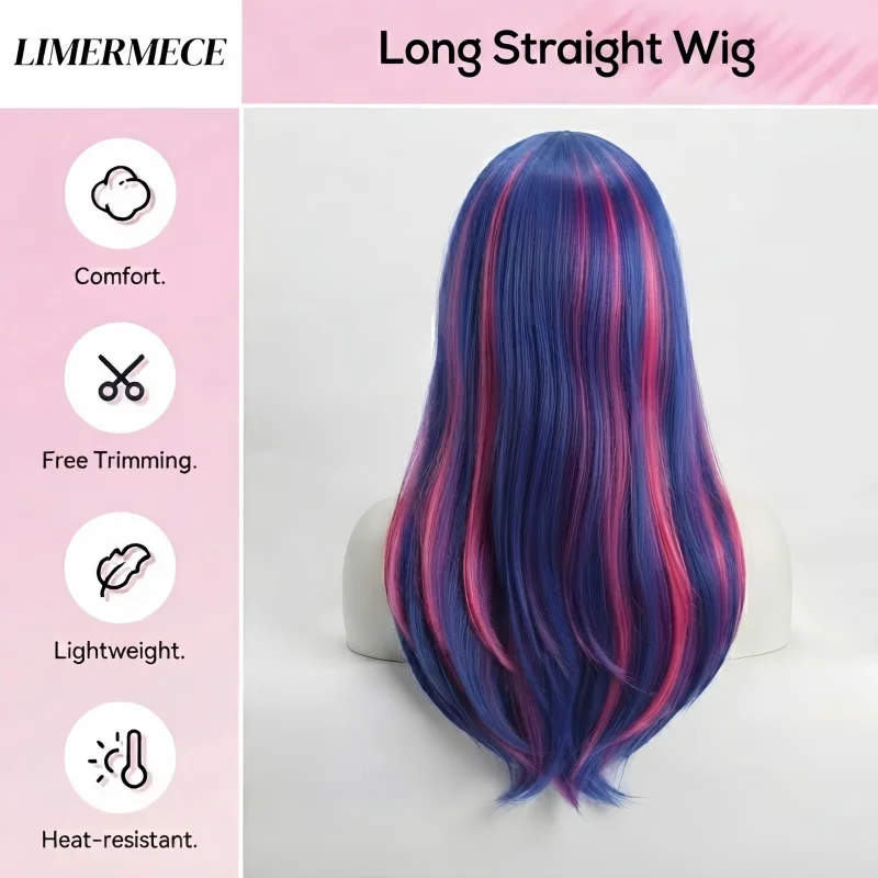 Long Straight Synthetic Wig With Bangs, Blue Pink Purple Highlight Colored Hair Wigs, Heat Resistant Costume Wig for Women