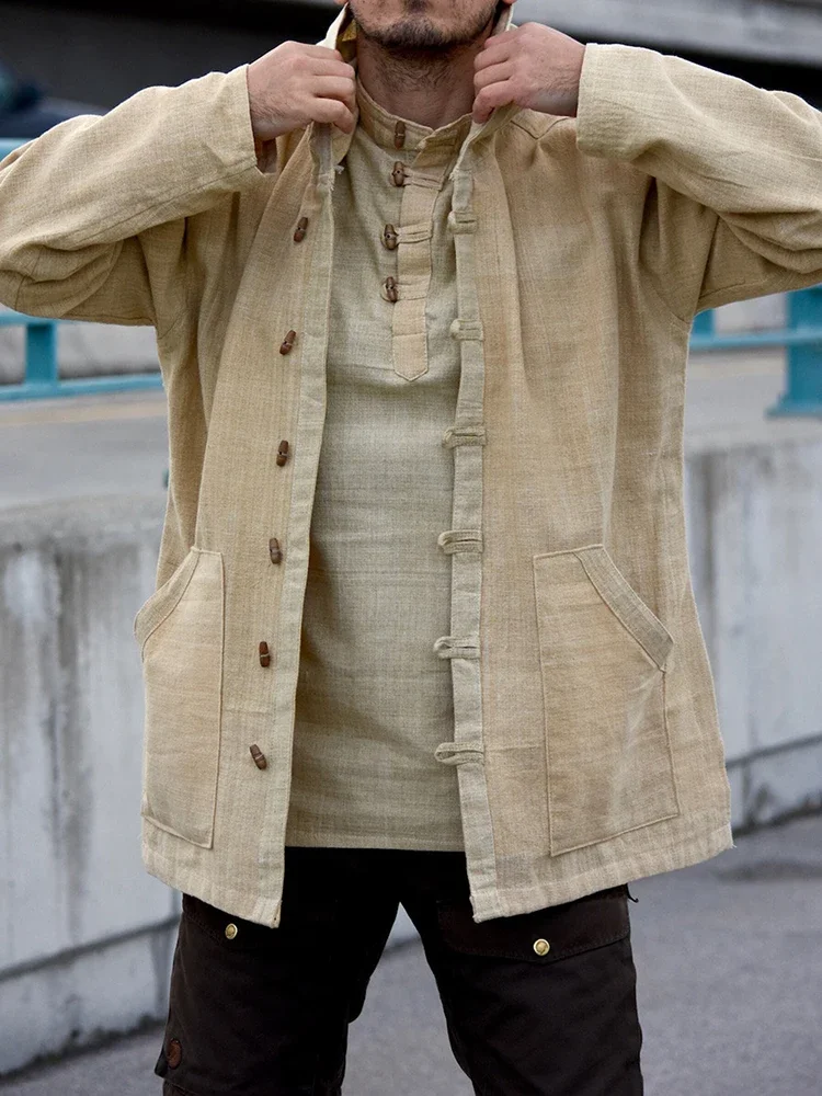 

Мужская льняная куртка, кардиган, топы для мужчин с капюшоном, свободная на пуговицах, весенне-осенняя винтажная однотонная верхняя одежда