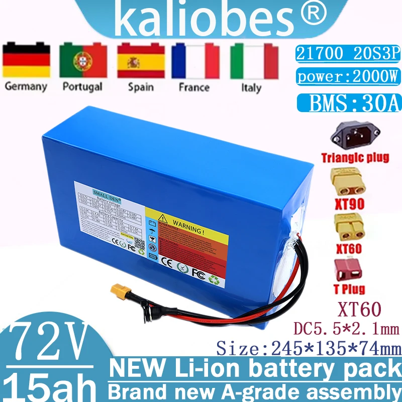 New 72V 15ah 21700 lithium battery pack with 20S3P BMS 1000-2000W, equipped with 84V high-capacity high-power swimming boat