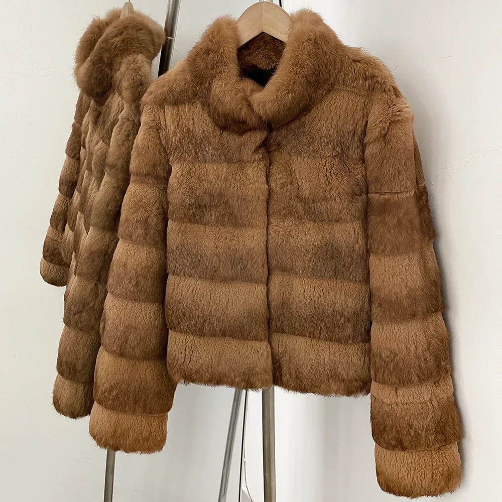 OFTBUY Jacke mit Stehkragen und horizontalen Streifen aus natürlichem Kaninchenfell, kurze Damen-Winterjacke, echter Kaninchenfellmantel für Damen – Detail 10