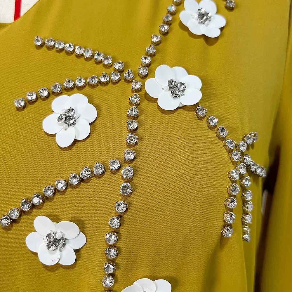 عباية إسلامية جديدة لعام 2025 فستان أصفر الخردل مخيط يدويًا الماس الحلي رداء نسائي Musulmane زهرة مطوي الأكمام فستان للسيدات #4