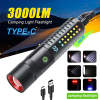 Portable LED COB Flashlight with Power Display 1200mAh Type-C Rechargeable Torch with Hook Outdoor Camping Emergency Lantern