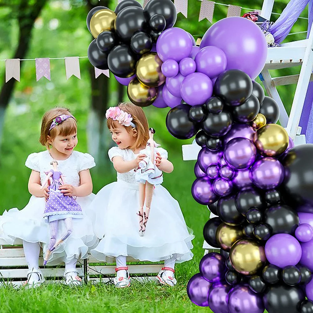 طقم قوس بالونات باللون الأسود الأرجواني، بالونات معدنية ذهبية أرجوانية لحفلات الزفاف والذكرى السنوية وحفلات أعياد الميلاد #4