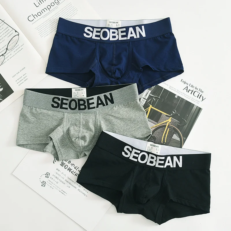 3pcs/lot SEOBEAN Simple solid color sports men's underwear cotton low rise sexy Boxer shorts personalized youth Boxer shorts