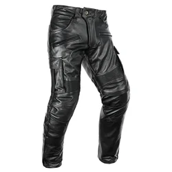 Men's Autumn Winter Punk Slim Casual Long Trousers Retro Leather Motorcycle Street Pants Windproof Warm Cowhide Pencil Pant Male