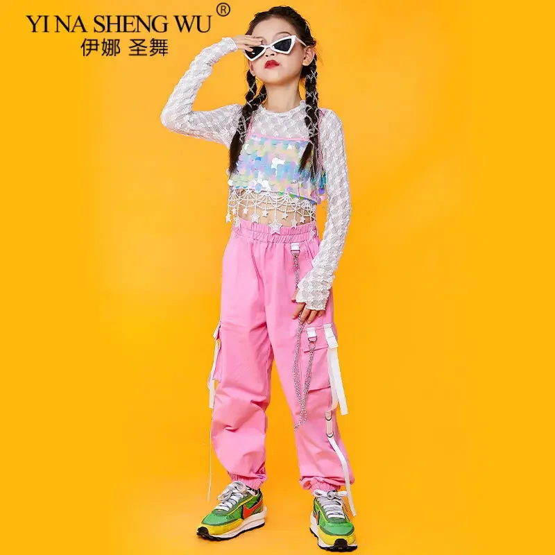 Vestito da ballo jazz per ragazze Costume hip-hop Vestito K-pop Crop Top Pantaloni cargo rosa Abbigliamento da ballo di strada moderno Set da performance per bambini