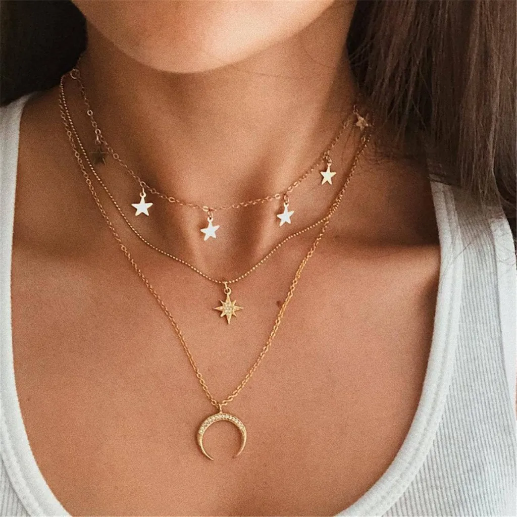 Necklace For Women Fashion Elegant Star Moon Three-layer Necklace Vintage Clavicle Chain Ladies Party Jewelry Necklace 2022