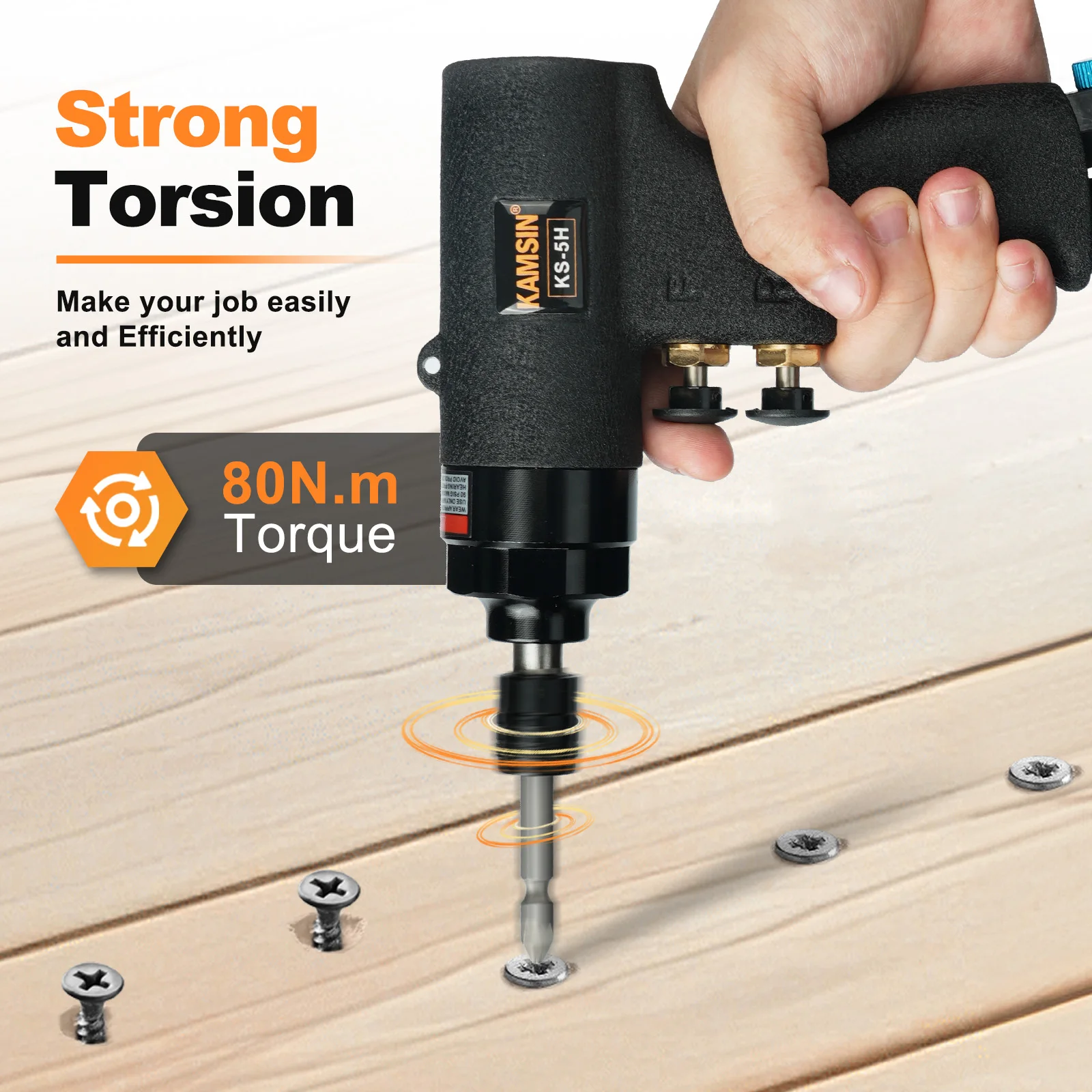 KAMSIN KS-5H Pneumatic Screwdriver Gun - 11000 RPM, 80Nm Torque, Forward & Reverse Switch, 1/4'' Air-Powered Impact Screw Pistol