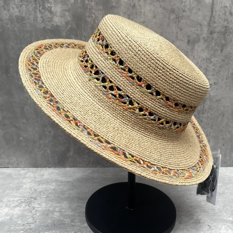 Women's Summer Colorful Braid Raffia Hollow Flat Top Beach Sun Protection Fedora