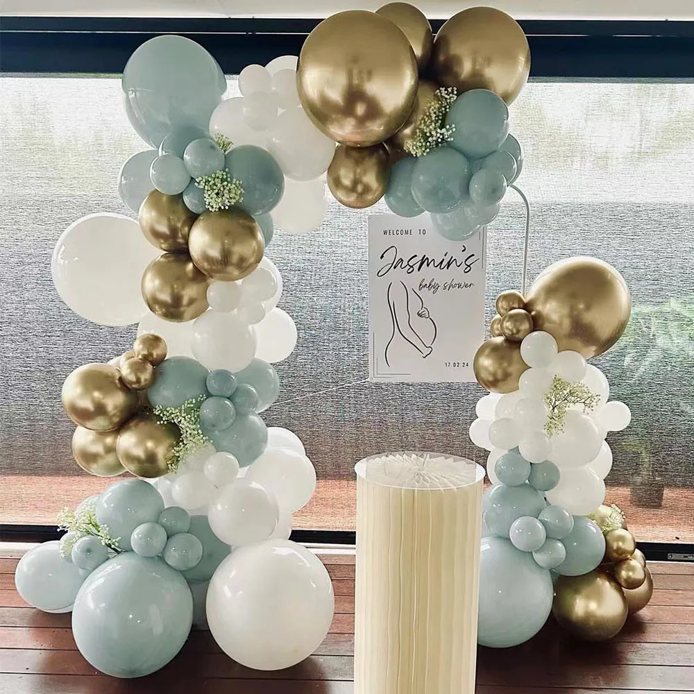 

109Pcs Dusty Blue White Gold Balloons Garland Kit Ice Blue Metallic Gold Latex Balloon for Boy Baby Shower Wedding Decoration