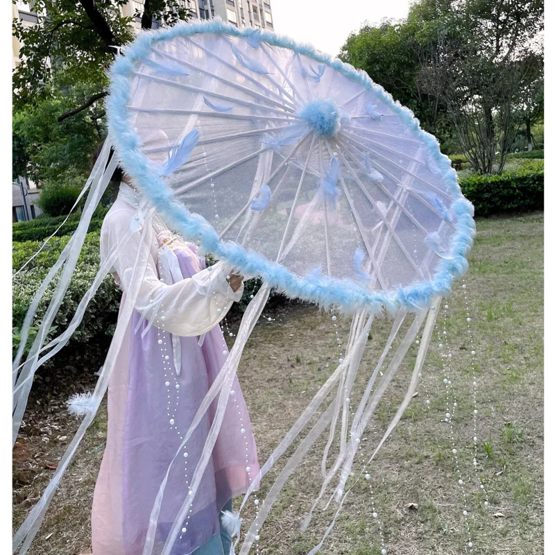 82cm azul cosplay rendas oilpaper estilo guarda-chuva do carro sombra feminino artesanato guarda-chuva dança hanfu laço chinês guarda-sol foto