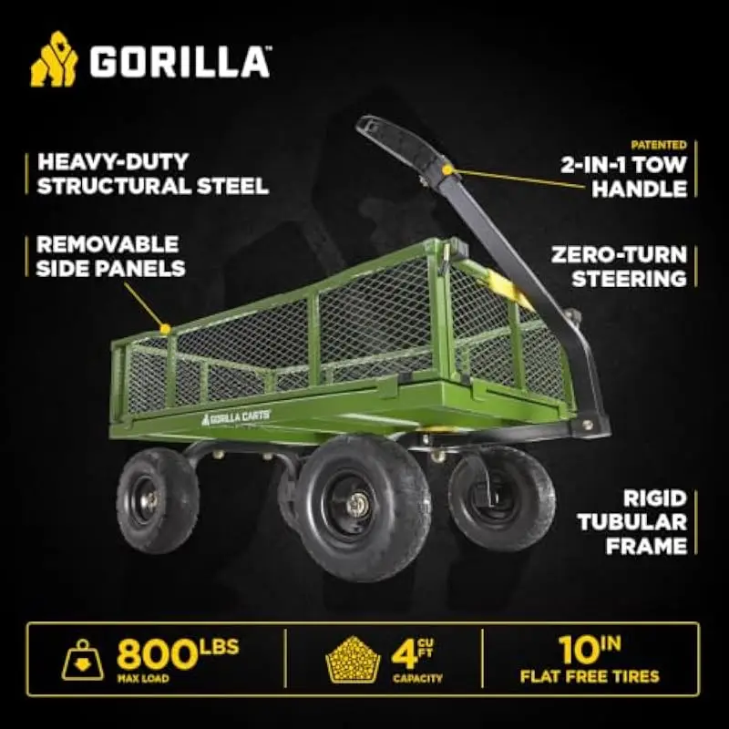 Heavy-Duty Garden Utility Cart with 800 lb Load Capacity • 10-Inch Flat-Free Foam Tires • Zero-Turn Steering for Tight Maneuvera