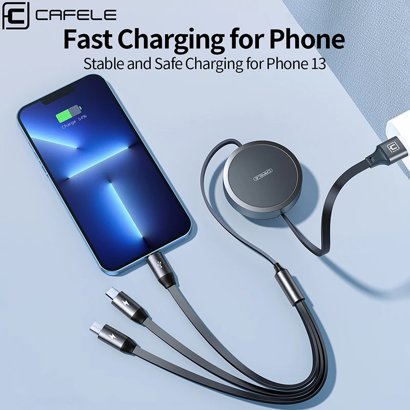 CAFELE intrekbare usb c-kabel voor iphone 13 14 12 11  5a 27w 3 in 1 type c micro-snellaadsnoer voor xiaomi
