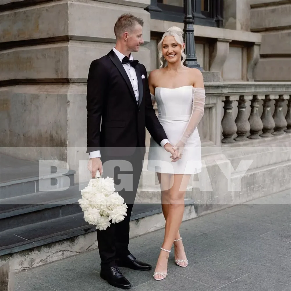 Beach Short Wedding Dresses Women 2025 Long Sleeve Strapless Satin Open Back Above-Knee Bridal Gown Vestidos De Noiva Customized