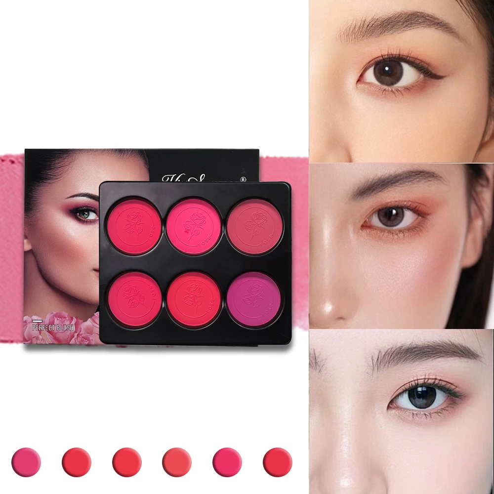 6-Color Waterproof Matte Blush Palette Free Brush Buildable Medium Coverage Sweatproof&Long-Lasting Natural Finish Lightweight