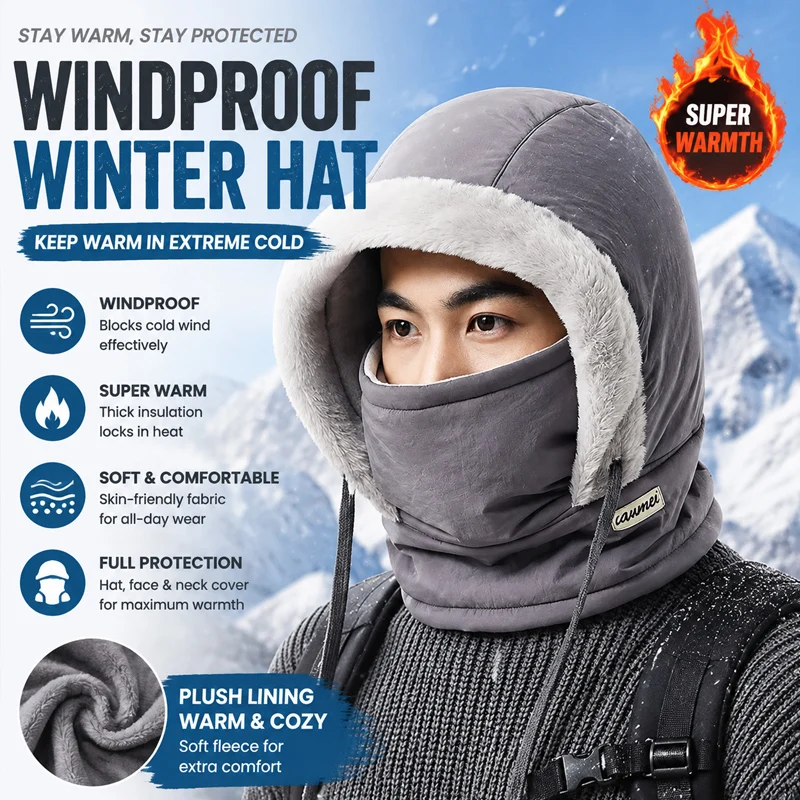 Thick Padded Winter One-Piece Hat Set with Full Face Windproof Hood Unisex Warm Cozy Outdoor Skiing Snowboarding Cold Weather