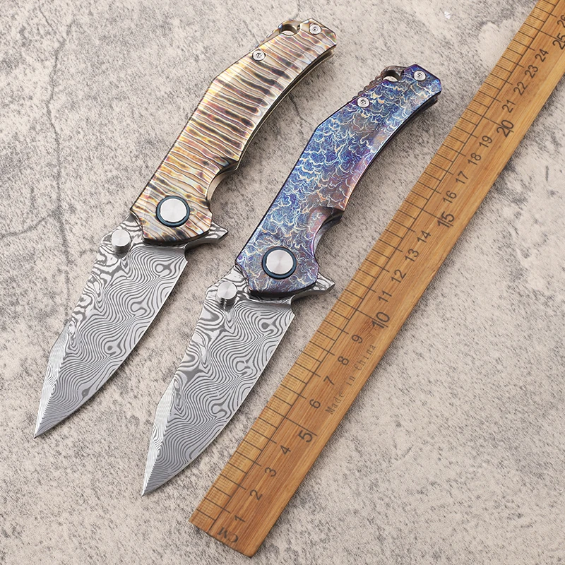 

New RWL34+Damascus Steel Fire and Lightning Titanium Alloy Handle Camping Fishing Knife Survival Hiking EDC Knife