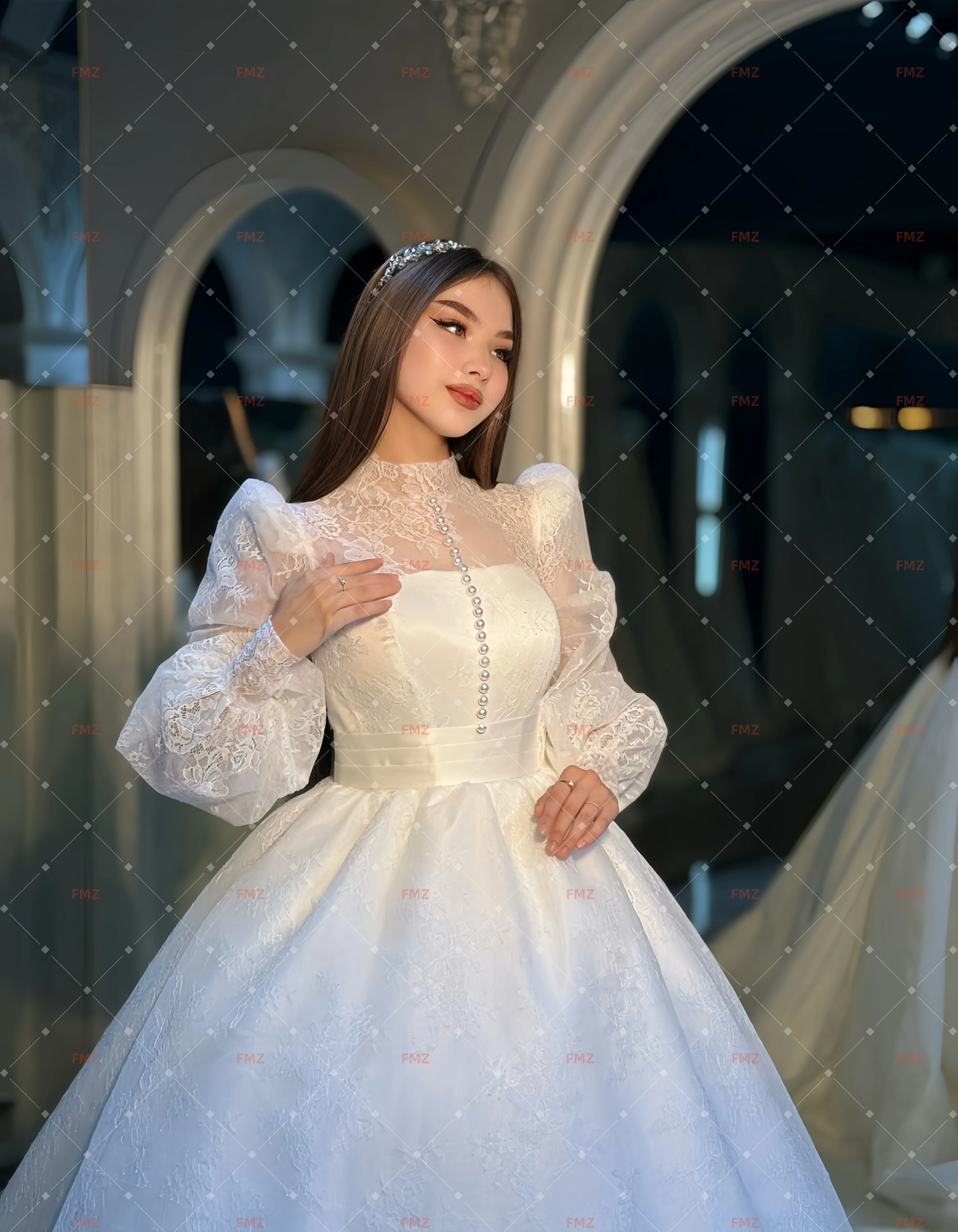 

Customzied high-neck long-sleeved Ball Gown elegant wedding dress vestidos de novia amanda novias amanda novias official
