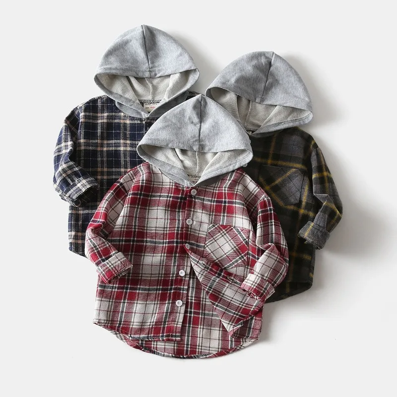 RAISE Autumn Children Boys Shirts Infant Babys Boys Plaid Hooded Outerwear Coat 2-8Yrs Toddler Kids Boys Single Breasted Shirts