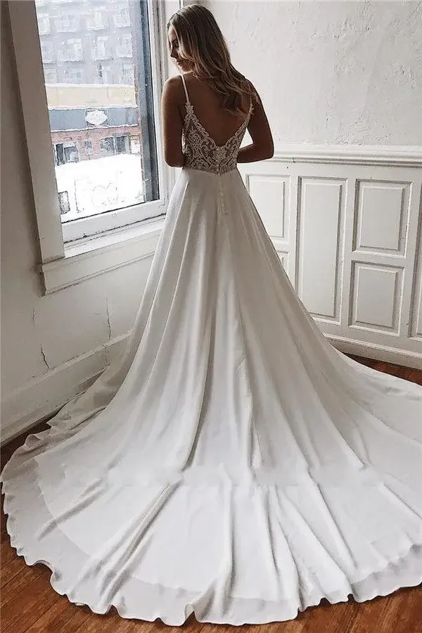 Lakshmigown-Vestido De novia De satén suave, traje blanco crepé con tirantes finos, corte en A, cuello en V profundo