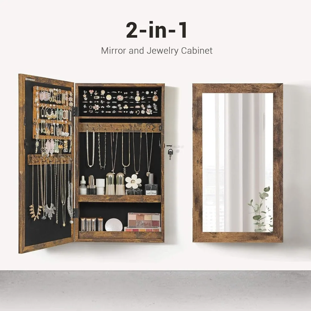 Lockable Jewelry Cabinet Armoire with Mirror, Wall-Mounted Space Saving Jewelry Storage Organizer, Rustic Brown UJJC051K01