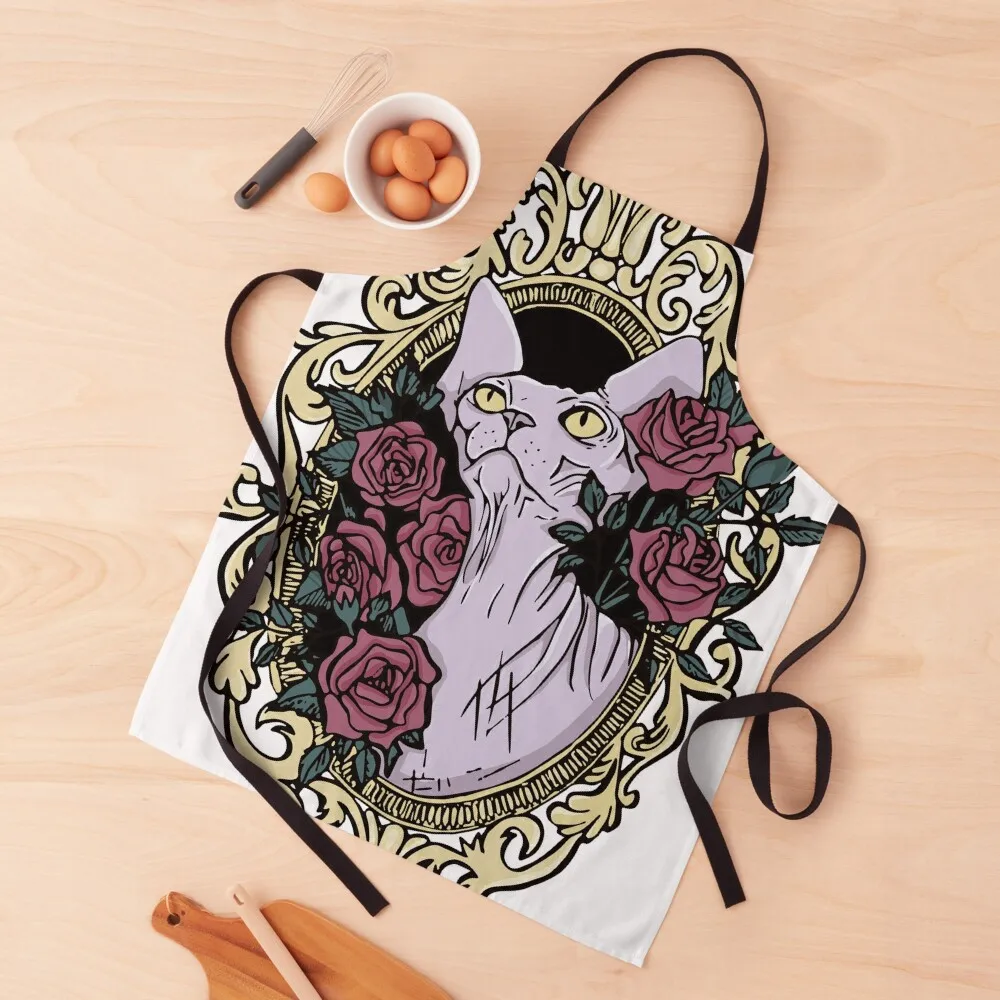 

Point Seal Lilac Hairless Sphynx Cat in a Baroque Frame Surrounded by Mystical Blue Roses - White Background Apron