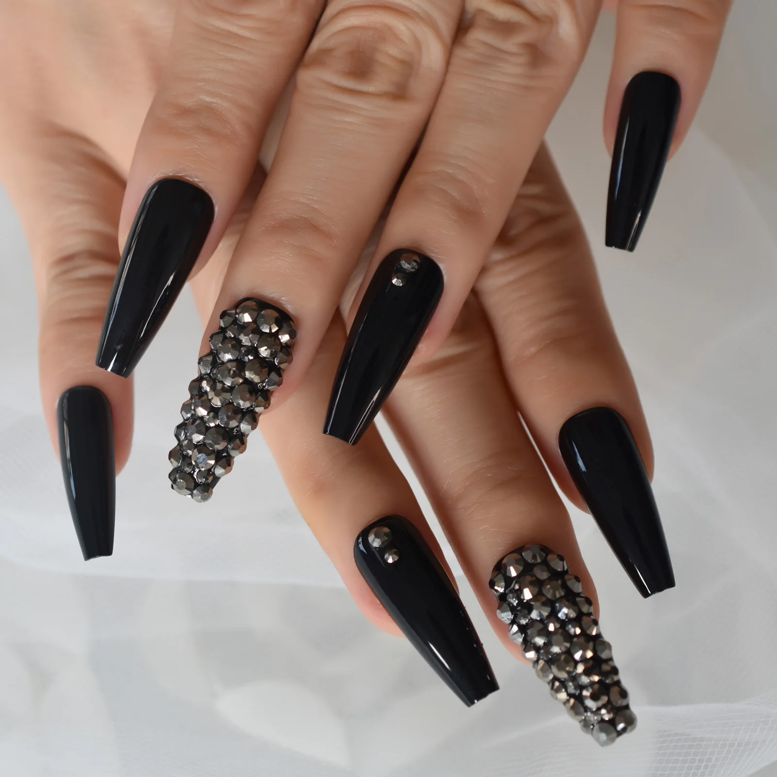 Metallic Stone Faux Ongles Gray Rhinestones Decorative Extra Long Ballerina Black Fake Nails Designed Tips for Lady